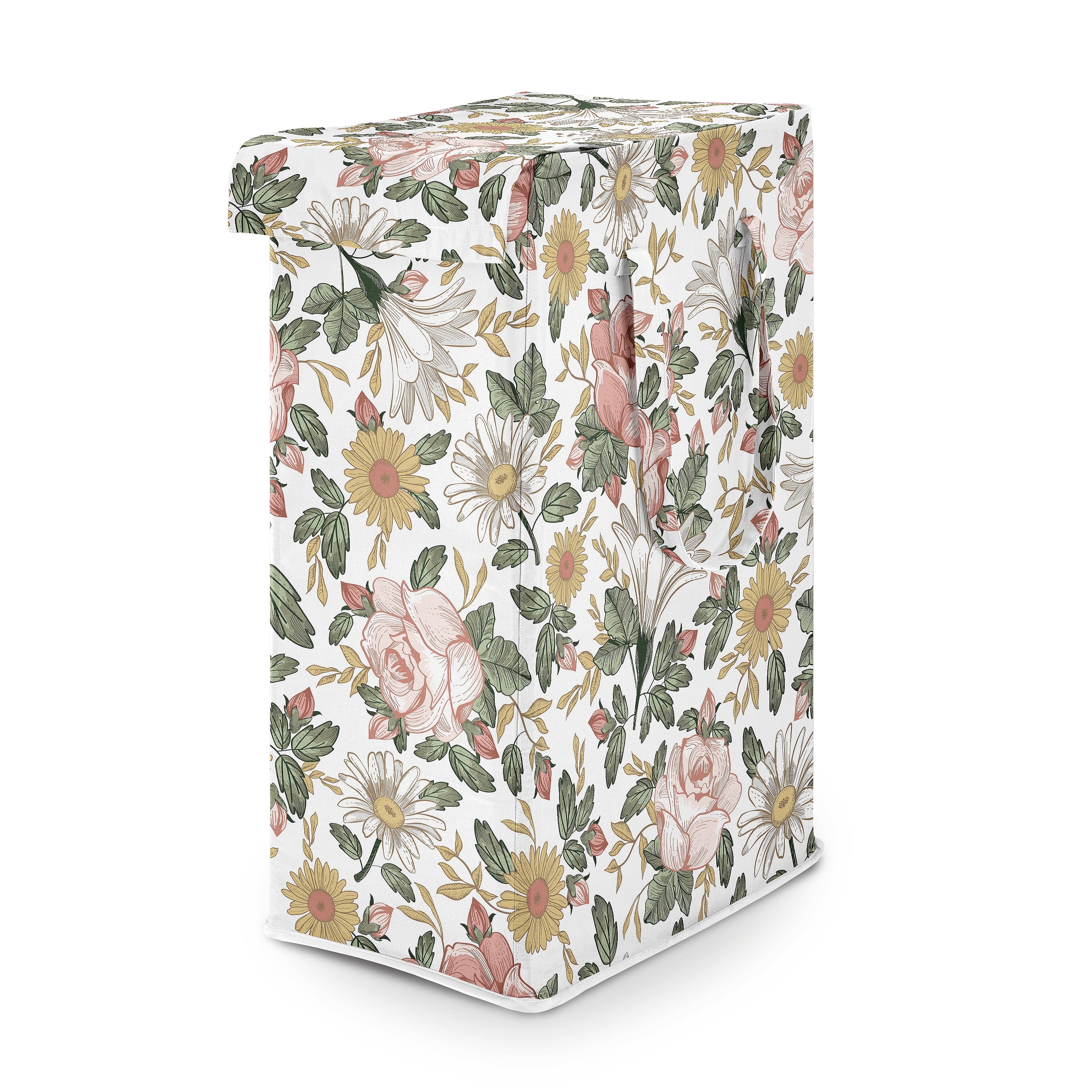 Blush Pink Floral Canvas Collapsible Laundry Hamper with Lid
