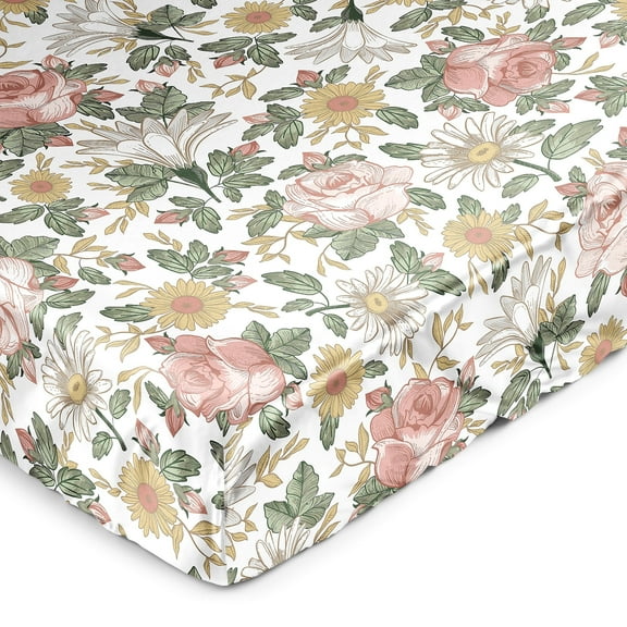 Sweet Jojo Designs Vintage Floral Blush Pink Yellow Sage Green White Satin Fitted Crib Sheet