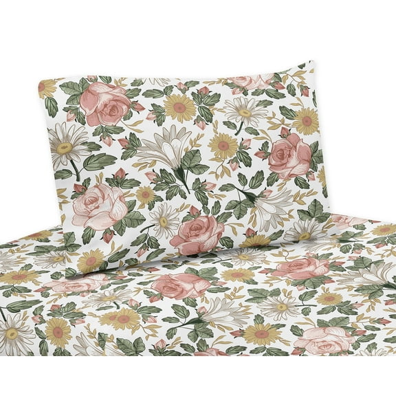 Sweet Jojo Designs Vintage Floral Pink Green and Yellow 3 Piece Twin Size Sheet Set