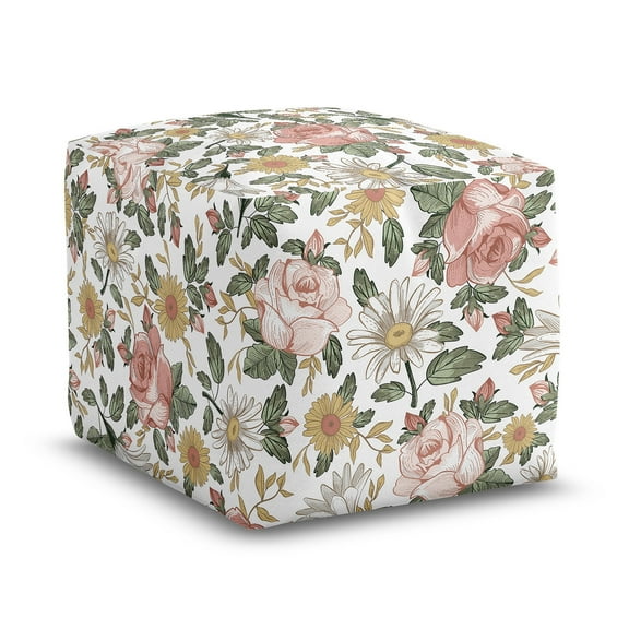 Sweet Jojo Designs Vintage Floral Pink Green and Yellow Unstuffed Ottoman Pouf Cover
