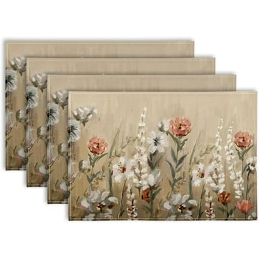 Vintage Floral Placemats Oil Painting Flowers Table Mats Non-Slip Heat Resistant Retro Wildflower Kitchen Dining Table Mat Decor for Kitchen Dinner Table, 12 x 18 Inch, Set of 4