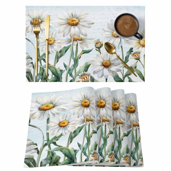 Vintage Floral Placemats Set of 1, Rustic Spring Daisy Plant Blue Background Non-Slip Place Mats Washable Table Mats for Kitchen Dining Table Decorations Indoor/Outdoor