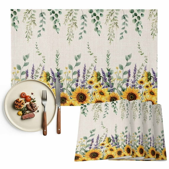 Vintage Floral Placemats Set of 2, Sunflower Lavender Eucalyptus Leaf Table Mats Washable Heat-Resistant Non-Slip Place Mats for Kitchen Dinner Table Indoor Outdoor Decor,13x19 Inch Green Gold