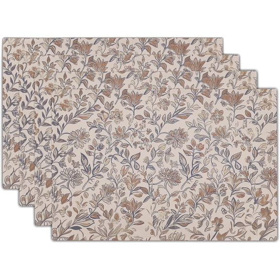 Vintage Floral Placemats Set of 4 Antique Flower Block Print Washable Non-Slip Heat Resistant Place Mats 12x18 Inch Brown Neutral Traditional Table Mats for Kitchen Dinner