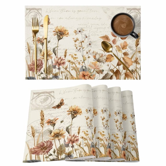 Vintage Floral Placemats Set of 4 Spring Flowers Eucalyptus Leaves Retro Place Mats Indoor Wipeable Table Mats Washable Cloth Dining Table Placemats for Kitchen Holiday Party Home Decor 13x19 Inch