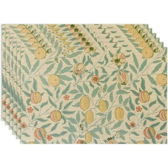 Vintage Floral Placemats Set of 6, William Morris Retro Fruit Boho Botanical Plant Place Mats, Heat Resistant Non Slip Cotton Linen Dining Table Mats for Home Kitchen Party 18x12 Inch