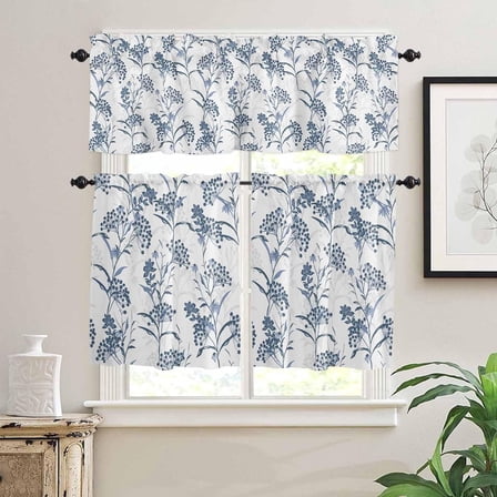 Vintage Floral Plant 3-Piece Kitchen Curtain Set, Rod Pocket Kitchen Curtain Valance and Tiers Set, Washable Drape Window Treatment Set, Blue Spring Summer