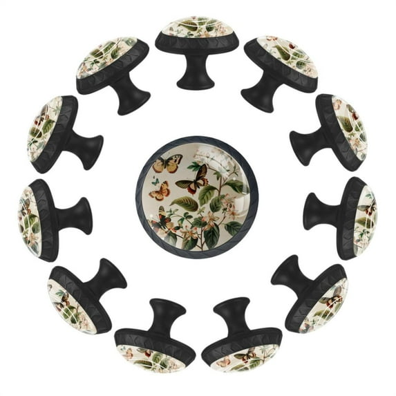 Vintage Floral Plant Butterflies 35MM Round Glass Cabinet Knobs, Kitchen Knobs for Drawer Dresser Cupboard Wardrobe Modern Pulls Handles Hardware, Set of 12
