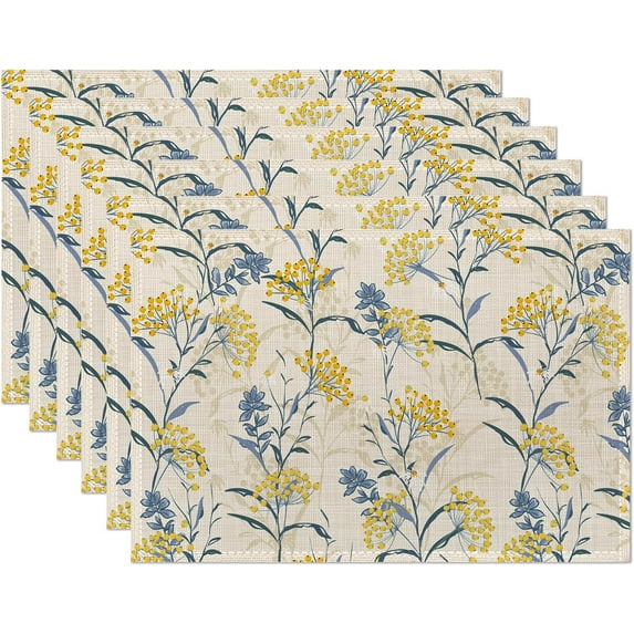 Vintage Floral Plant Placemats Set of 6,Yellow Blue Table Mats Non-Slip Heat Resistant Washable Placemat for Party Kitchen Dining Table Decoration Indoor Outdoor