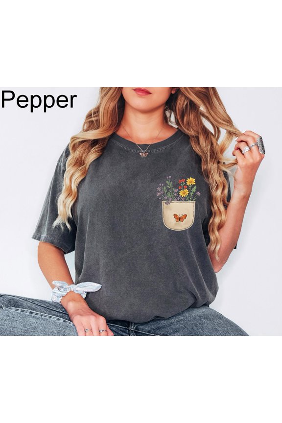 Vintage Floral Pocket T-Shirt - Comfort Colors Wild Flowers Design for Nature Lovers
