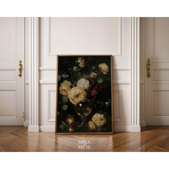 Vintage Floral Poster, Golden Peonies And Dark Roses Still Life Art Poster, Moody Classic Wall Decor, Timeless Floral Gift Idea, 8x12 UNFRAMED