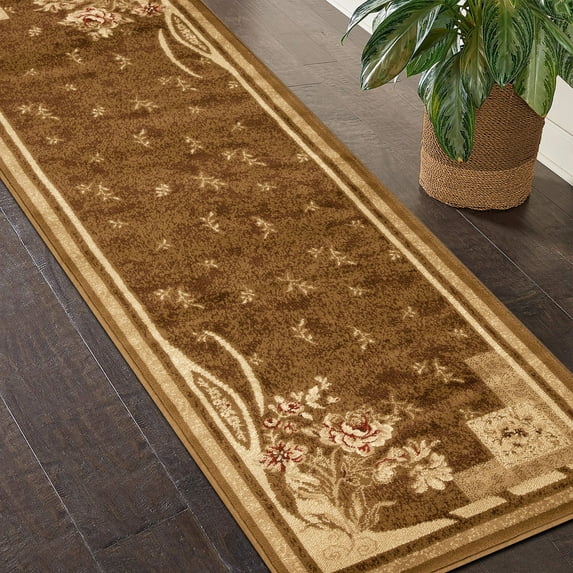 Vintage Floral Power-Loomed Indoor Area Runner with Border, 2'7" x 8, Mocha by Blue Nile Mills
