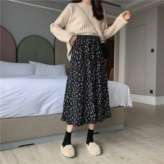 Vintage Floral Print A-line Pleated Long Skirts Summer Women 2025 Korean Skirt Streetwear Drawstring Elastic Waist Midi Skirt