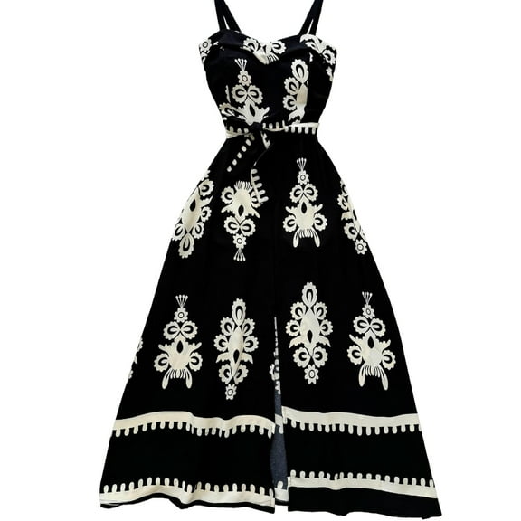 Vintage Floral Print Adjustable Spaghetti Straps Shirred Back Vacation Dress Casual Bow Tie Waist Slit Maxi Dress