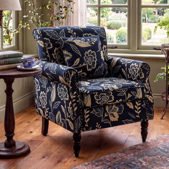 Vintage Floral Print Armchair,featuring durable linen fabric and solid wood legs.Vibrantly colored accent chair is perfect for bedrooms, living rooms,reading nooks,and entryways,Navy blue