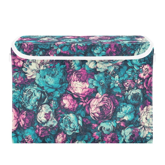 Vintage Floral Print Large Storage Bins with Linen Collapsible Lid Storage Box 16.7 x 12.6 x 11.8in