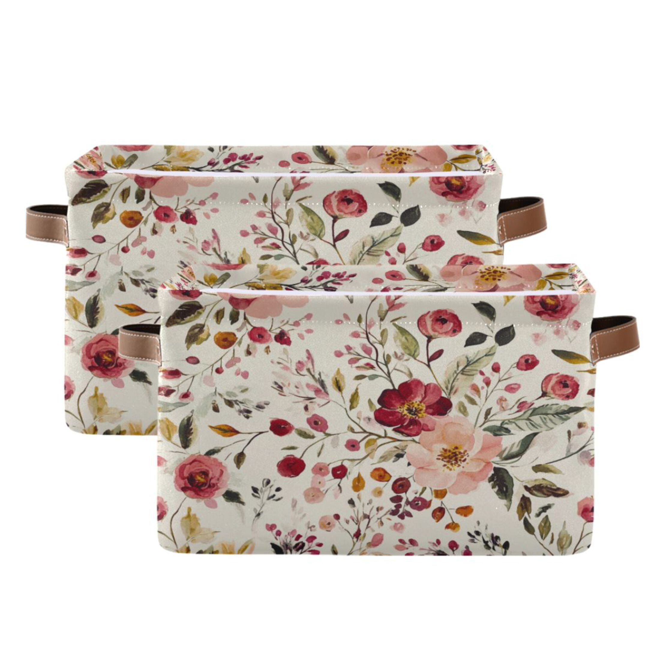 Vintage Floral Print Pattern Foldable Storage Basket,Canvas Fabric Foldable Storage Bins with Handles Open Home Storage Bins Boxes for Toy Book Shelf Closet Baskets