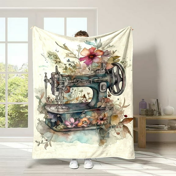 Vintage Floral Print Reversible Blanket Vintage Floral Sewing Machine Print Flannel Throw Blanket Contemporary All-Season Reversible Soft Non-Woven Digital Print