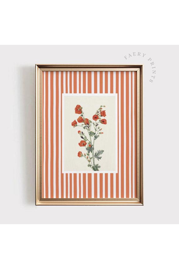 Vintage Floral Print, Scarlet Orange Red Stripe, Unframed Paper Poster 8x10in