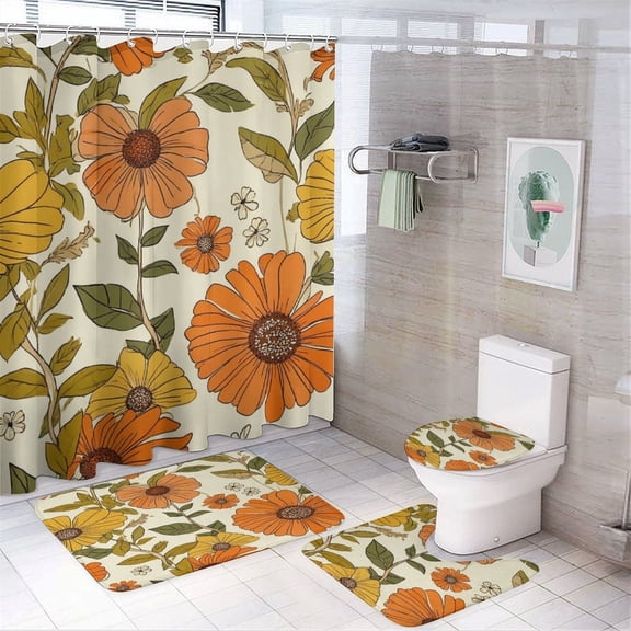 Vintage Floral Print Shower Curtain Set Modern Bathroom Decor Mats 4pcs Fabric Bathroom Curtain Slip Floor Rug Toilet Lid