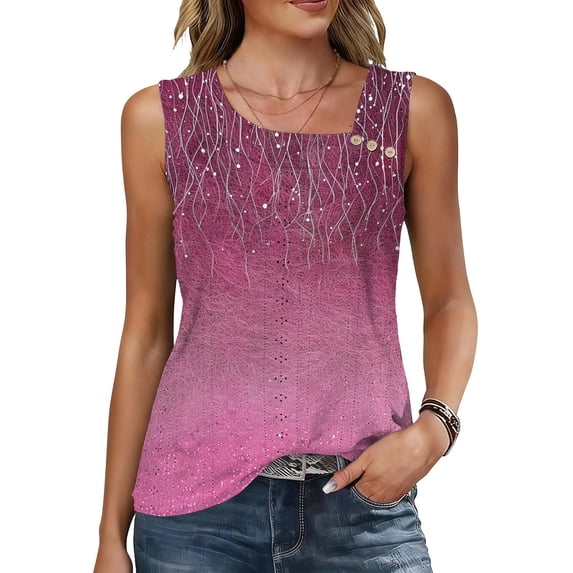 Vintage Floral Print Tank Top for Women Square Neck Sleeveless Lace Textured Button Detail Summer Boho Blouse