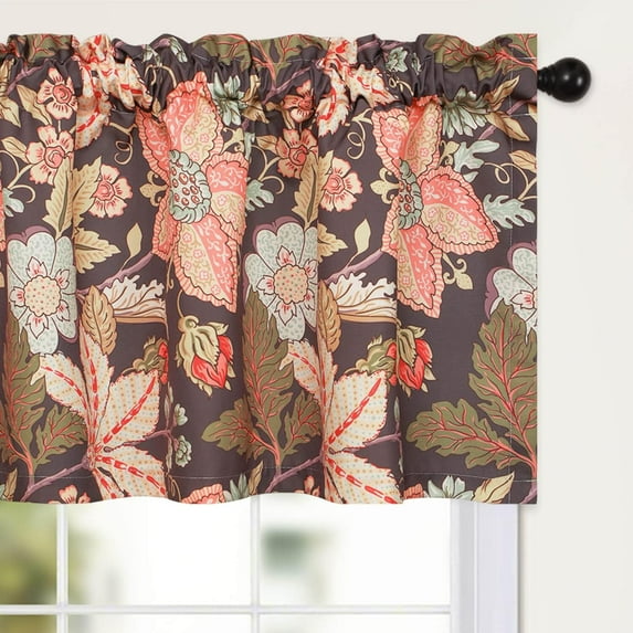 Vintage Floral Printed Valance, Light Filtering Pinkish Flowers in Black Privacy Draperies, 1 Panel Rod Pocket Window Treatment for Small Window, 52 x 18 Inches