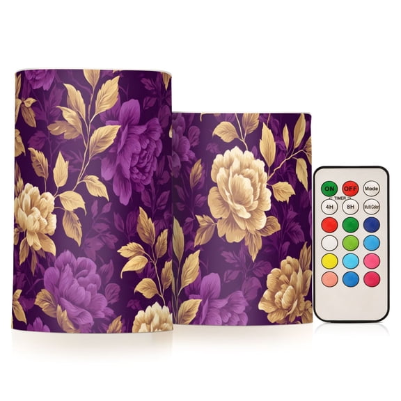 Vintage Floral Purple and Gold Flickering Flameless Candles Battery Operated with Remote Timer LED Pillar Candles Set of 2