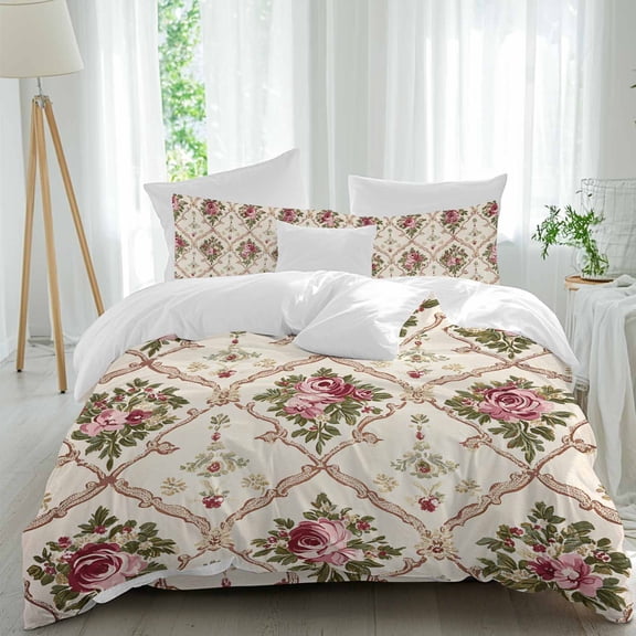 Vintage Floral Queen Duvet Cover Set, Pink Roses Leaves Beige Argyle Farmhouse 4 Piece Microfiber Bedding Set with Zipper Closure, Bed Sheet and 2 Pillow Shams, Soft Bedding Cover