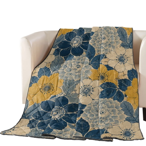 Vintage Floral Quilted Comforters Cooling Blanket California King Size, Chinoiserie Blue Cream Yellow Peonies Cold Comfort for Hot Sleepers Lightweight Air Conditioning Quilt Blanket for Bed
