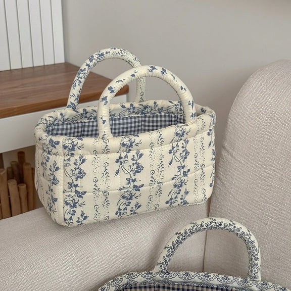 Vintage Floral Quilted Fabric Storage Basket with Handles, Portable Foldable Small Organizer Bin for Snacks, Toys, Bedroom & Nursery Home Decor