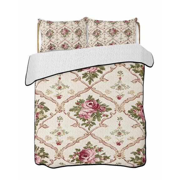 Vintage Floral Quilts Bedding Set Full Size Pink Roses Leaves Beige Argyle Farmhouse Lightweight Quilted Bedspread 3 Piece Bed Quilt with 2 Pillow Shams All Season for Bedroom 68" x 98"