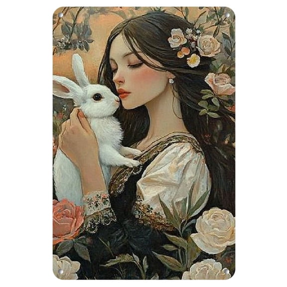 Vintage Floral and Rabbit Metal Tin Sign - 8x12 Inch Classic Iron Wall Art, Serene Woman with Nature Elements, Ideal for Home & Office Decor, Living Room, Bedroom, Dining Area, Wall Decor