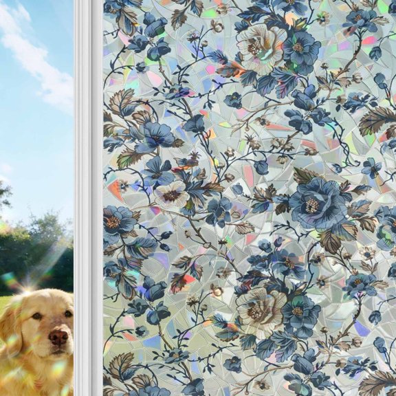 Vintage Floral Rainbow Window Privacy Film, Beige Blue Brown Flowers Rustic Farmhouse Stained Glass Window Film, Sun Blocking Glass Clings Static Cling Non Adhesive Door Stickers 17.7 x 78.7 Inches