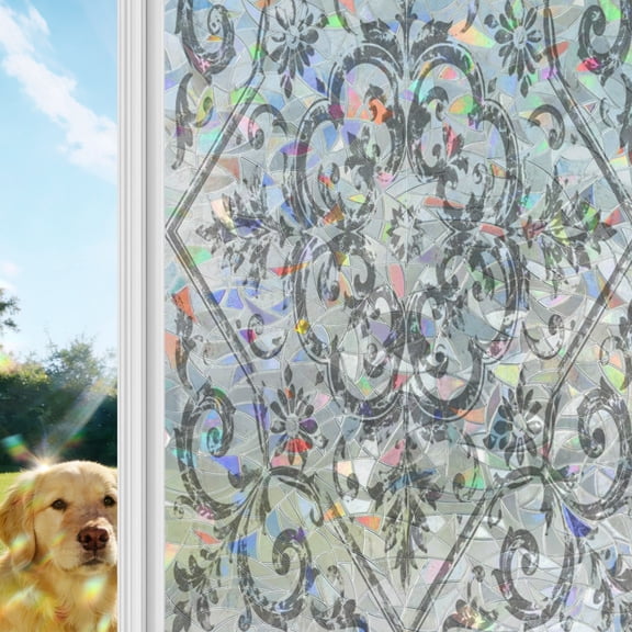 Vintage Floral Rainbow Window Privacy Film, Classical Beige Grey Damask Distressed Pattern Stained Glass Window Film, Sun Blocking Static Cling Non Adhesive Door Stickers 17.7 x 39.3 Inches