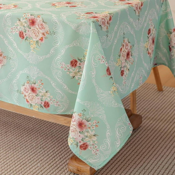 Vintage Floral Rectangle Tablecloth Shabby Chic Flower Table Cloth Spring Table Cover Waterproof for Dinner Kitchen Picnic, Mint Green, 60x84 Inches