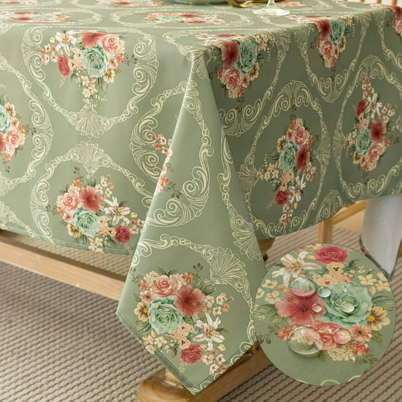Vintage Floral Rectangle Tablecloth Shabby Chic Flower Table Cloth Spring Table Cover Waterproof for Dinner Kitchen Picnic, Olive Green, 60x84 Inches