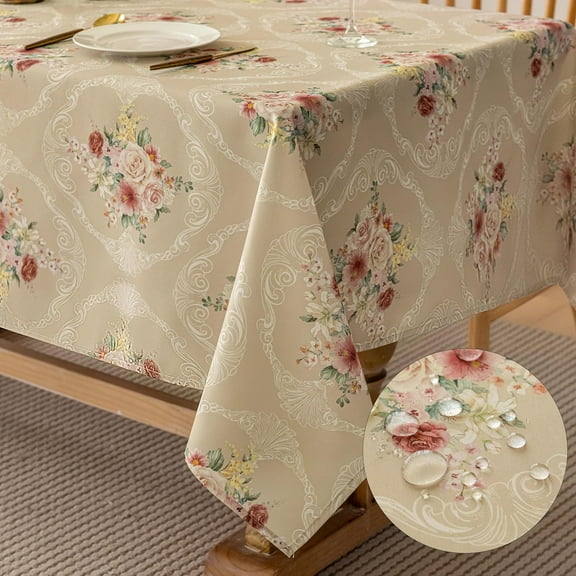 Vintage Floral Rectangle Tablecloth Shabby Chic Flower Table Cloth Spring Table Cover Waterproof for Dinner Kitchen Picnic, Tan, 60x120 Inches