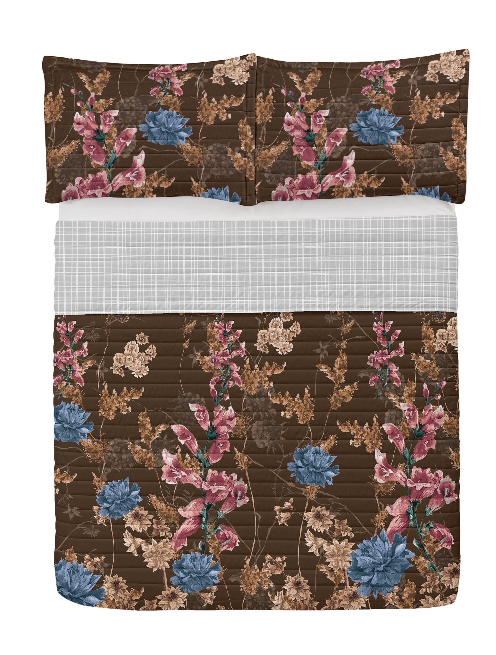 Queen Chocolate Multicolor Reversible Microfiber Bedspread Set