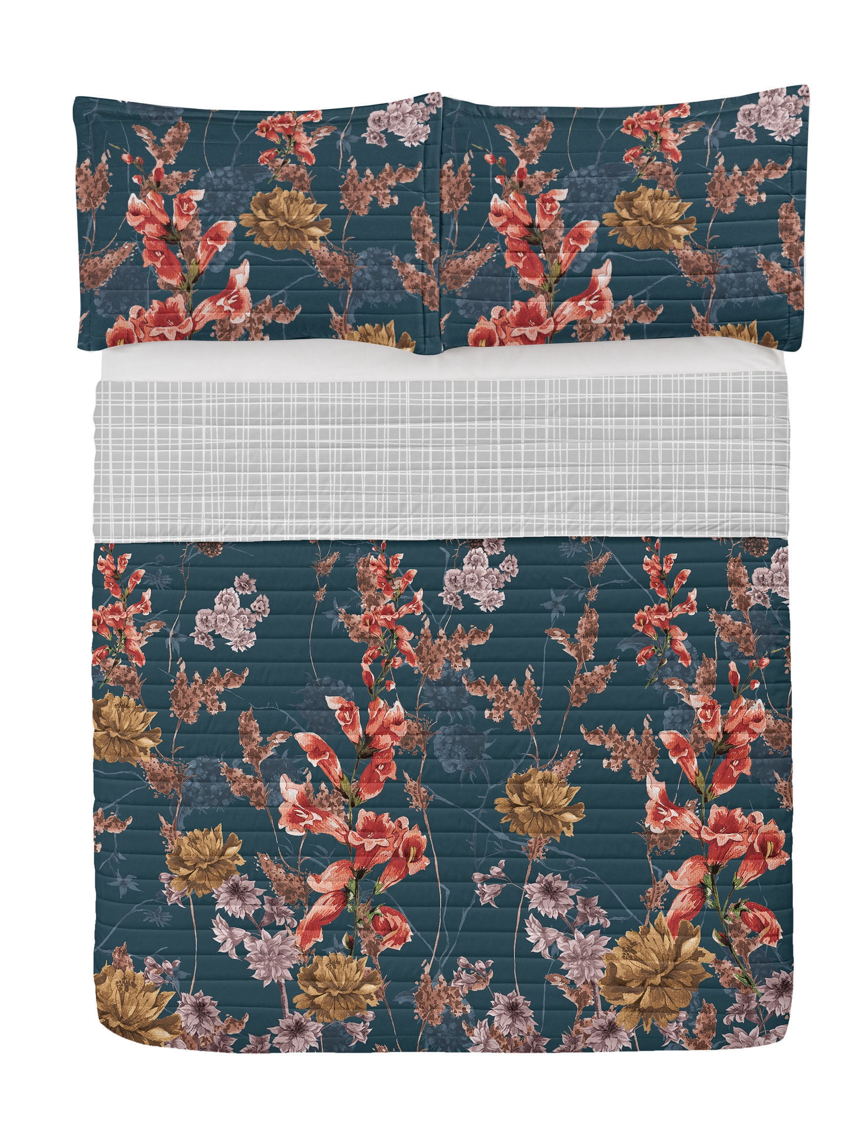 Queen Dark Petrol Blue Salmon Reversible Microfiber Bedspread Set