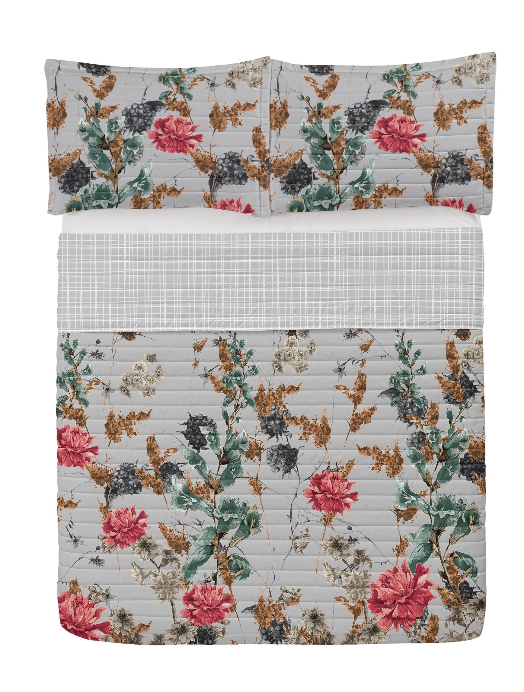 Queen Gray Coral Amber Microfiber Reversible Floral Bedspread Set