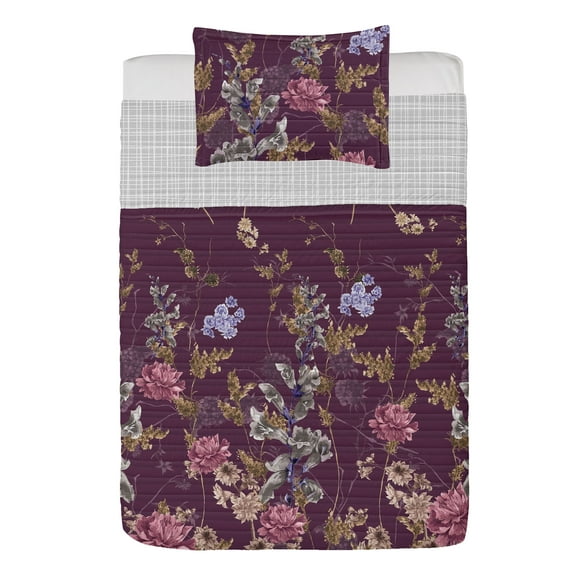 Vintage Floral Reversible Bedspread Set, Nostalgic Botanical Garden Artwork of Floral Blossoms and Branches, Pillow Shams & Comforter Microfiber Bedding Set, 3 Sizes, Plum Fawn Lilac, by Ambesonne
