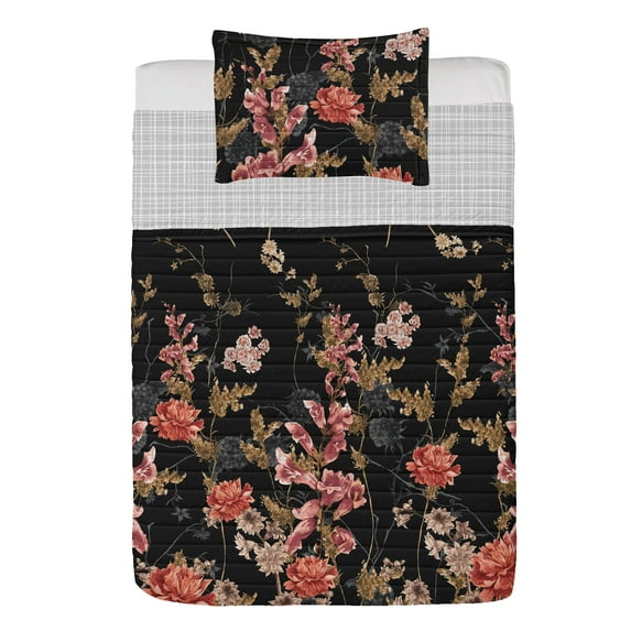 Vintage Floral Reversible Bedspread Set, Nostalgic Botanical Garden Artwork of Floral Blossoms Branches, Pillow Shams & Comforter Microfiber Bedding Set, 3 Sizes, Charcoal Grey Salmon, by Ambesonne