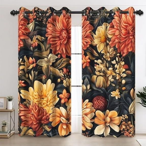 Vintage Floral Room Darkening Curtains, Bohemian Boho Coral And Cream Dahlia Botanical Flower Print Grommet Top Noise Reducing Window Drapes For Living Room Bedroom 53"W x 63"L (Pack of 2)