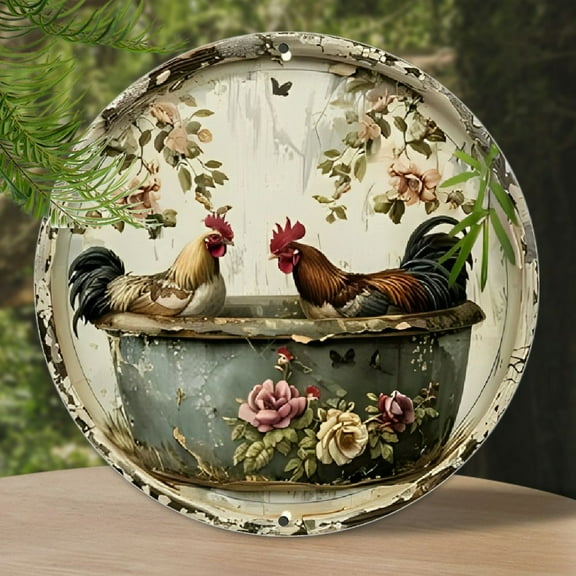 Vintage Floral & Rooster Basin Metal Wall Art, Rustic Round Aluminum Sign, 1pc Antique-Styled Decor for Home, Bar, Outdoor Spaces - 7.8" Diameter