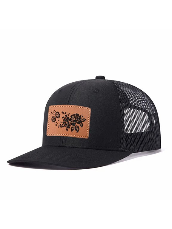 Vintage Floral Rose Leather Patch Embroidered Color Block Trucker Hat Unisex Adjustable Cotton Breathable Fashion Cap for Travel Daily Wear