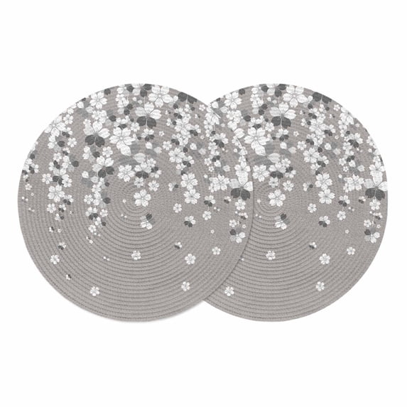 Vintage Floral Round 13 Inch Placemats Set of 2, White Cherry Flowers Blossom Spring Gray HeatResistant Non Slip Place Mats for Dining Table, Wipeable Braided Kitchen Table Mats for Housewarming