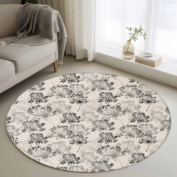 Vintage Floral Round Area Rug 3Ft Washable Small Circle Rugs for Kitchen Entryway, Grey Spring Dandelion Plants Flower Botanical Non-Slip Carpet Floor Mats Indoor Outdoor Carpet Runner Home Decor