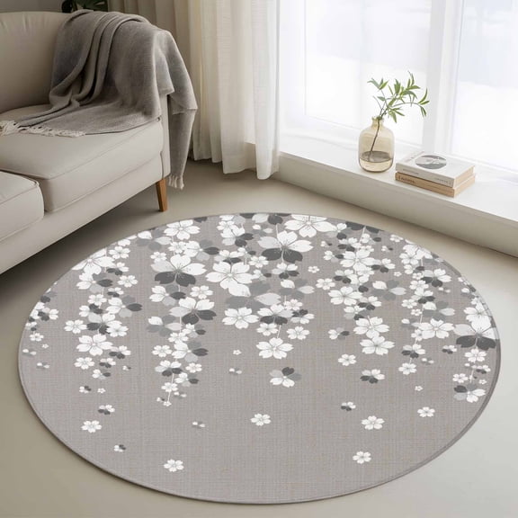 Vintage Floral Round Area Rug 4Ft Washable Circle Rugs for Bedroom Dining Room, White Cherry Flowers Blossom Spring Gray Non-Slip Carpet Floor Mats Indoor Outdoor Carpet Runner Aesthetic Home Decor