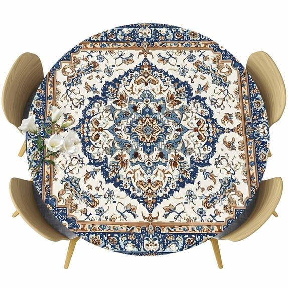 Vintage Floral Round Fitted Table Cover Navy Brown Classical Bohemian Style Waterproof Table Cloth with Elastic Edge Wipeable Tablecloth for Picnic Camping Party Fits 55"-60" Diameter