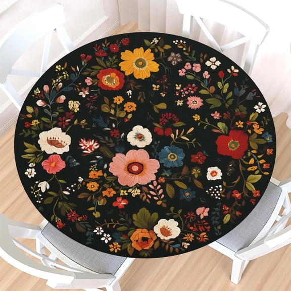 Vintage Floral Round Fitted Tablecloth with Elastic Edge,Water-Resistant Wipeable Colorful Boho Black Bohemian Flowers Leaf Table Cover for 40-44" Stretch Table Cloth for Dinner Indoor Outdoor Party
